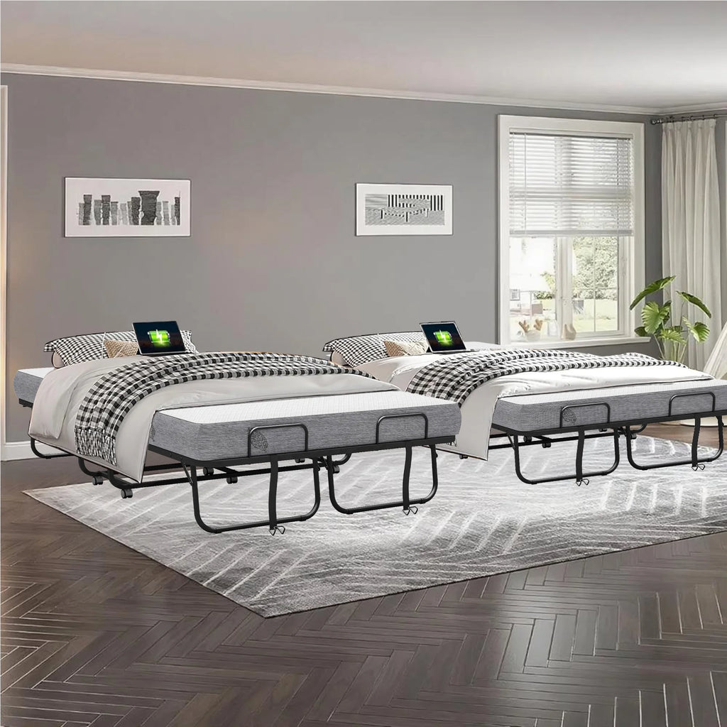 Lit pliant avec matelas 75 x 31 format lit de camp Lit plié, lit d'appoint sur roulettes portable et pliable lit supplémentaire pour adultes lit de repos avec matelas en mousse à mémoire de forme 5 cadre en grille métallique robuste peu encombrant