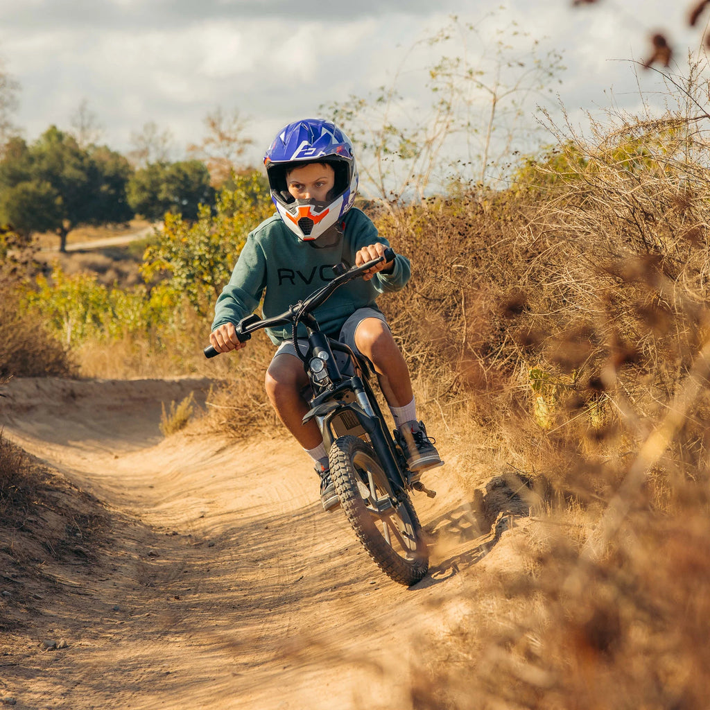 GOTRAX Fitz16 Moto tout-terrain électrique pour enfants à partir de 8 ans, moteur de 350 W, pneus tout-terrain de 16 pouces, double suspension, vitesse de 15,5 mi/h, autonomie de 16 mi, phare à DEL, noire