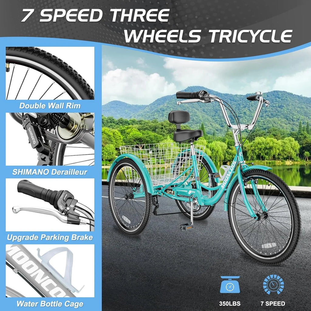 Tricycles pour adultes MOONCOOL avec panier arrière et pompe à pied, vélos à 3 roues 7 vitesses de 24 et 26 pouces, vélo à trois roues pour adultes avec dossier pour seniors, femmes et hommes