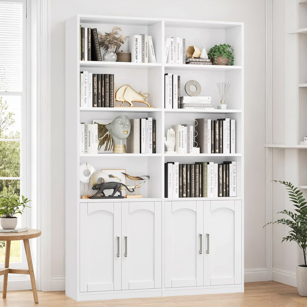 Bibliothèque haute Homfa 73 avec portes, 8 compartiments, 6 niveaux, double rangée, blanche, pour salon et bureau à domicile