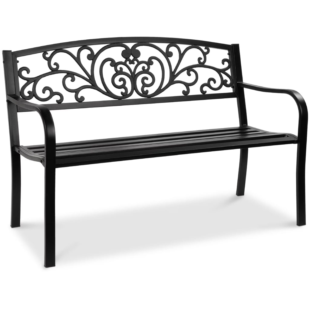 Best Choice Products Banc en Acier d'Extérieur Jardin Patio Porche Meuble avec Dossier à Motif Floral - Noir