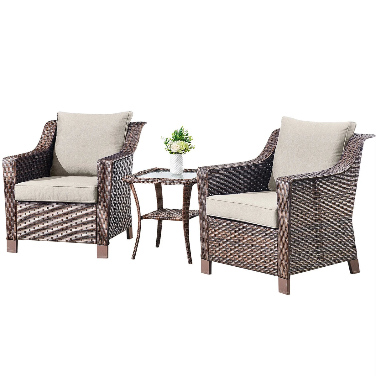 Lot de 2 chaises de patio d'extérieur en résine tressée Bellefurn avec table d'appoint, chaises en rotin tressé toutes saisons, mobilier de jardin pour porche, balcon, cour arrière, jardin et terrasse