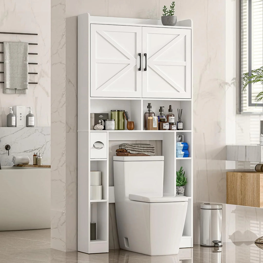 Meuble de rangement Vabches au-dessus des toilettes avec porte-papier toilette, avec étagère réglable et 2 portes