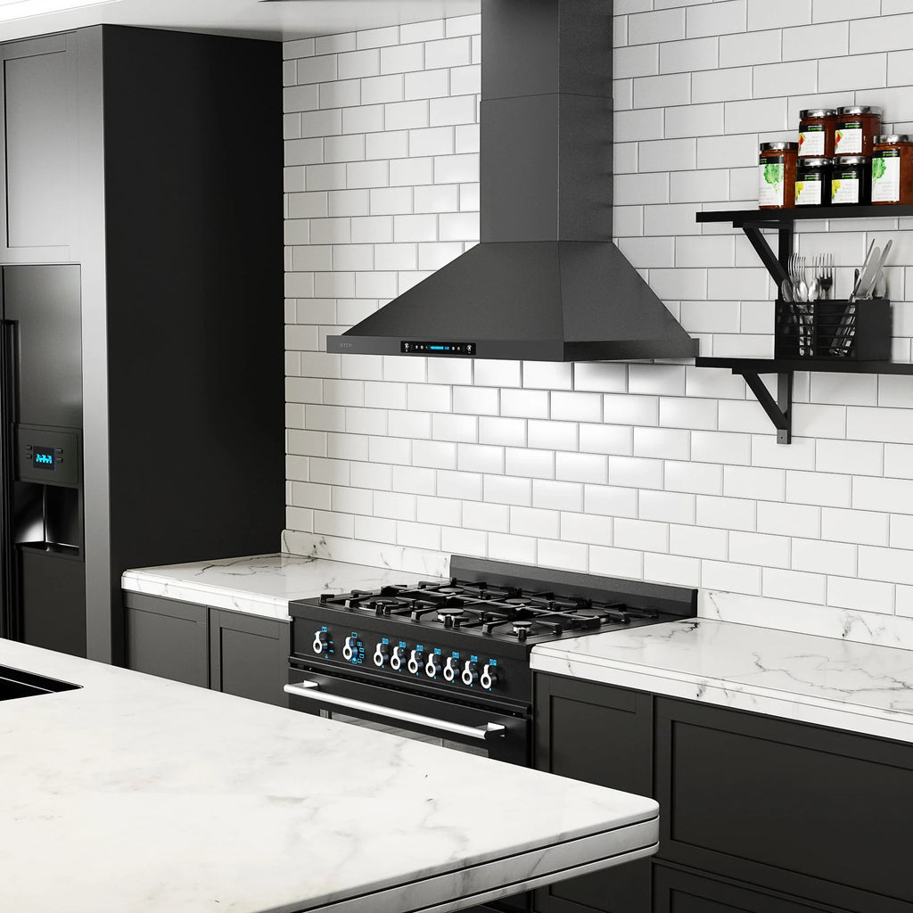 Hotte de cuisine murale noire IKTCH de 30 pouces, hotte d’extraction en acier inoxydable de 900 CFM avec évacuation par conduit ou recyclage, détection gestuelle et panneau de commande tactile, 2 éclairages réglables (IKP02-30-BSS)