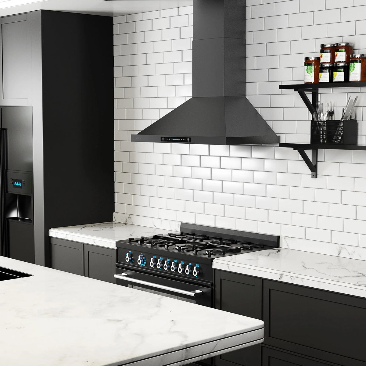 Hotte de cuisine murale noire IKTCH de 30 pouces, hotte d’extraction en acier inoxydable de 900 CFM avec évacuation par conduit ou recyclage, détection gestuelle et panneau de commande tactile, 2 éclairages réglables (IKP02-30-BSS)