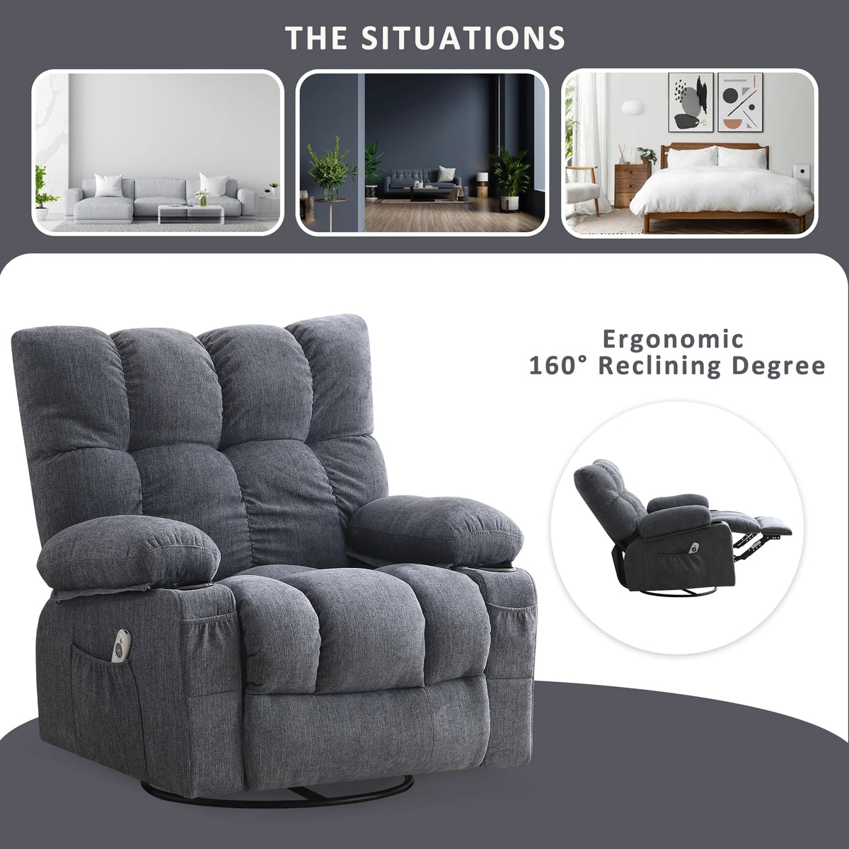 Fauteuil inclinable manuel JONPONY avec fonction de massage et de chauffage, mécanisme d’inclinaison robuste, fauteuil à bascule individuel pour personnes âgées avec porte-gobelets, pour chambre et salle de cinéma maison, gris