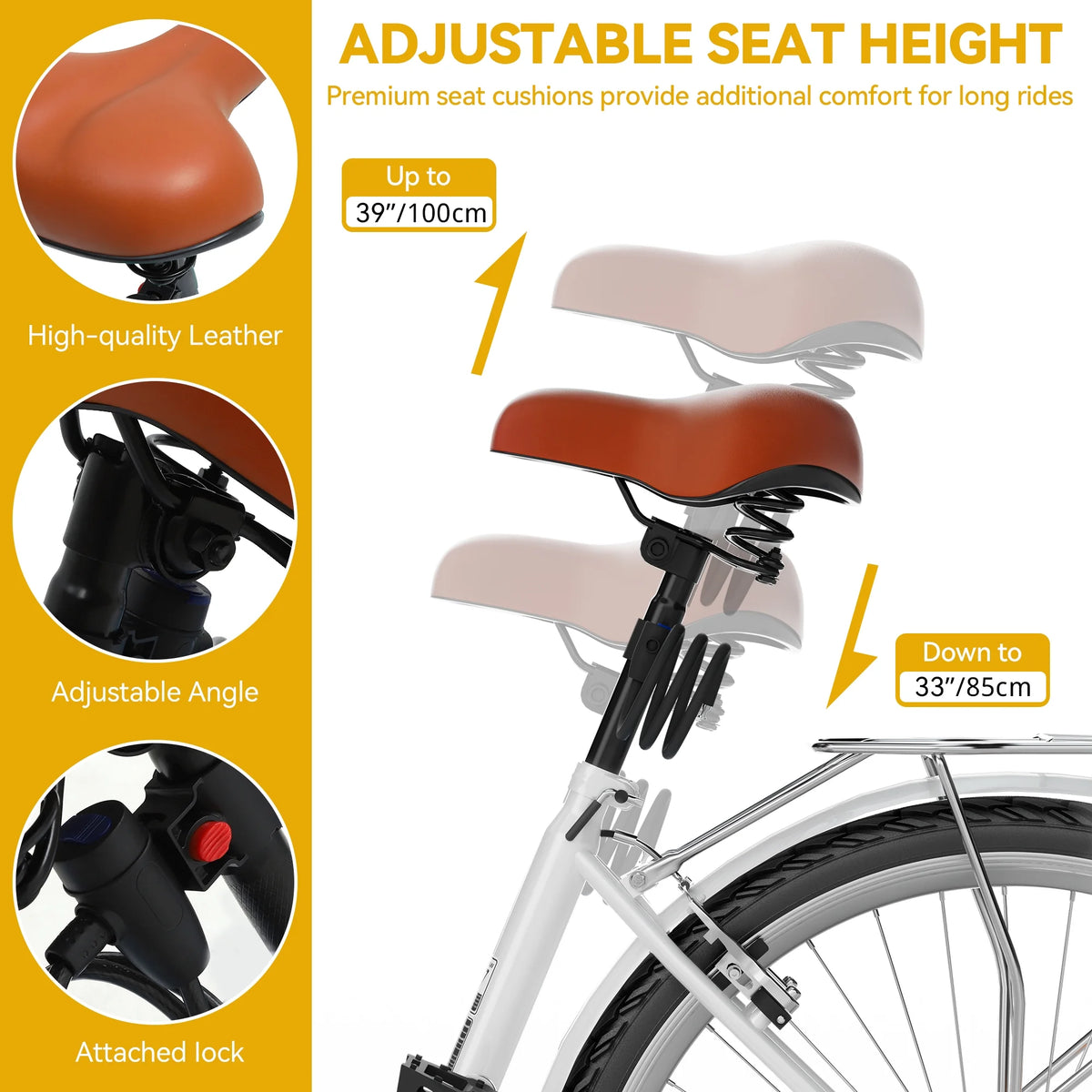 Vélo de plage Dextrus 26 pouces pour femme - Vélo urbain 7 vitesses pour adultes - Vélo pour femme avec selle réglable en blanc