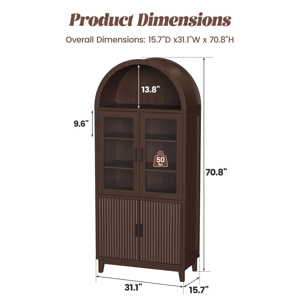 VEANERWOOD 71 Armoire haute cintrée, meuble de rangement de cuisine en bois cannelé avec 4 portes et 6 étagères pour salle à manger et salon