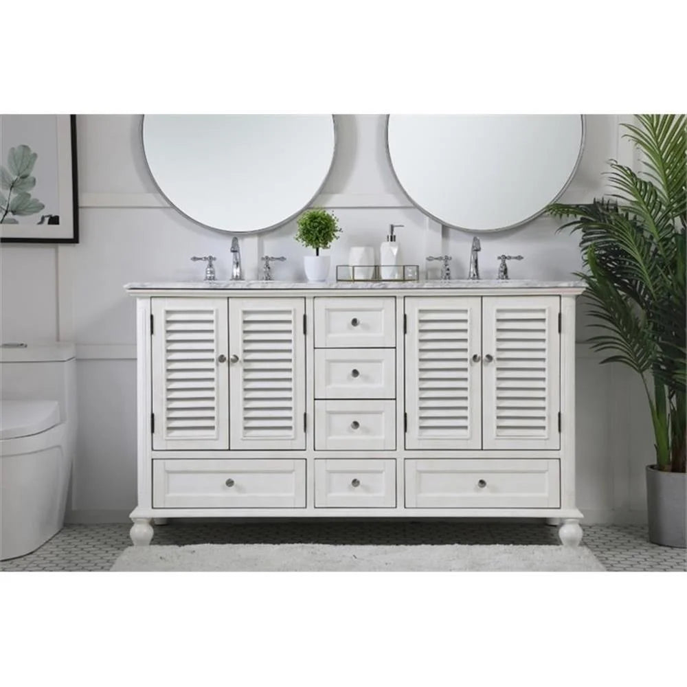 Meuble-lavabo double élégant de 60 pouces pour salle de bain, blanc antique