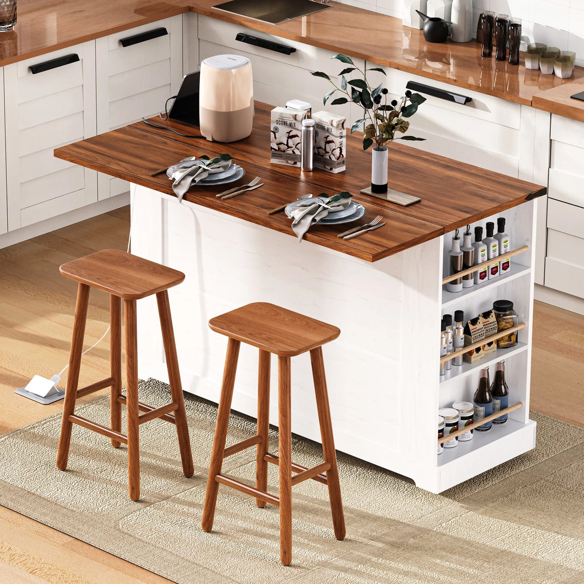 Euroco Îlot de cuisine style ferme de 53'' avec deux portes de placard en verre trempéDesserte de cuisine roulante sur roulettes