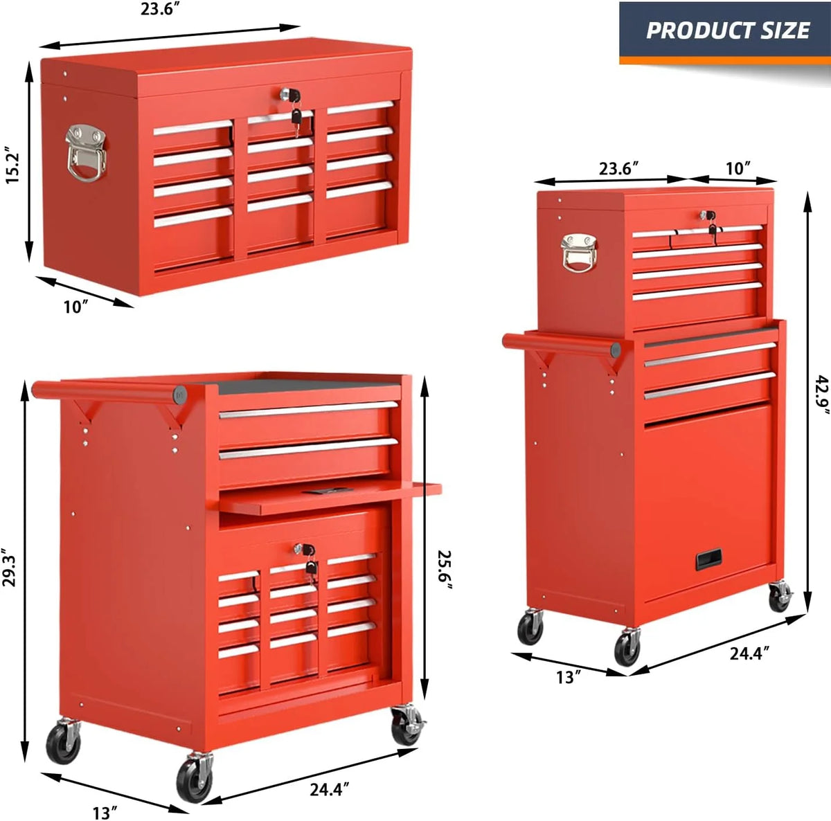 Seizeen 2-EN-1 Coffre et armoire à outils, grand organisateur de boîte à outils sur roulettes à 8 tiroirs de grande capacité, verrouillable, noir