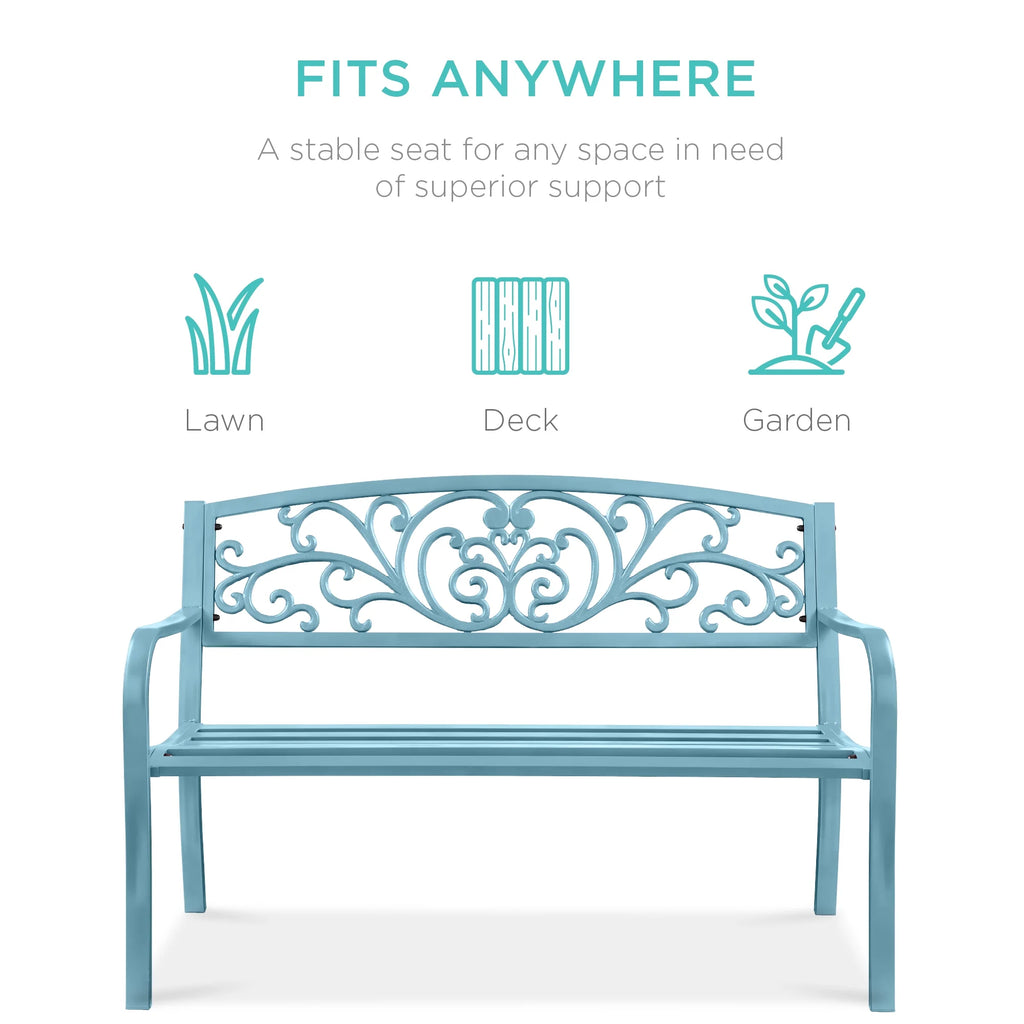 Best Choice Products Banc en Acier d'Extérieur Jardin Patio Porche Meuble avec Dossier à Motif Floral - Noir
