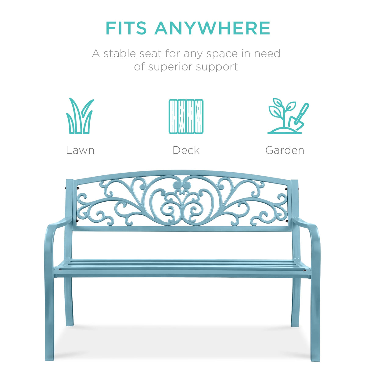 Best Choice Products Banc en Acier d'Extérieur Jardin Patio Porche Meuble avec Dossier à Motif Floral - Noir