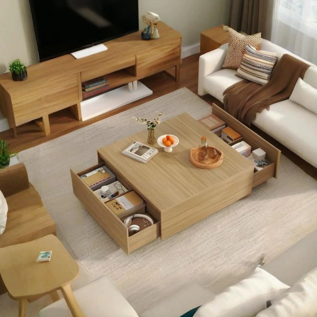 Table basse carrée Blotout avec 2 grands tiroirs, table basse Mid-Century Modern de 43 avec rangement, table basse en bois, table de salon avec rangement, grain de bois
