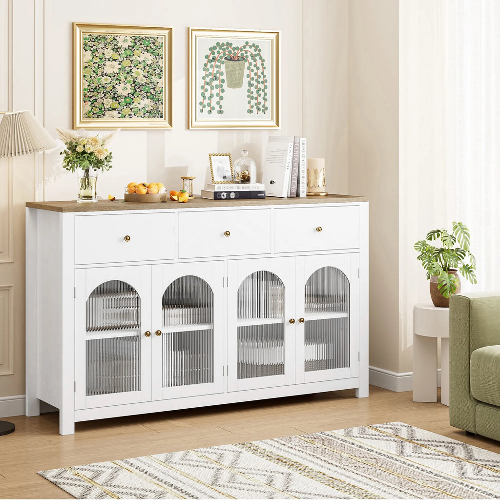 Homfa Grand buffet de 55'', meuble de rangement de cuisine avec 3 tiroirs et 4 portes vitrées, meuble bar en bois pour salon, blanc