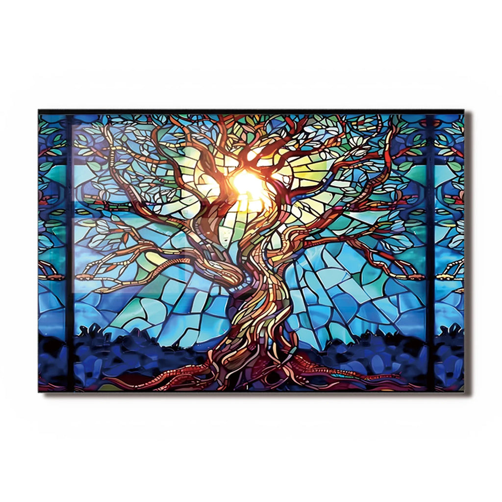 Crédence en verre trempé motif Arbre de vie en mosaïque pour cuisine derrière la cuisinière, cache supérieur pour cuisinière, crédence en verre facile à nettoyer, pare-éclaboussures pour évier, décoration murale de cuisine pour la maison
