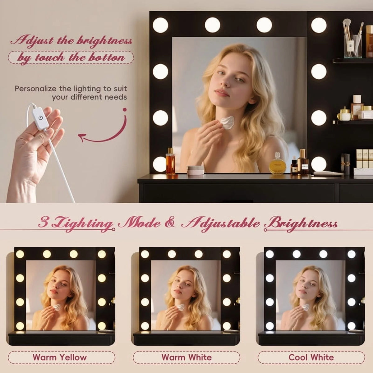 Coiffeuse Lacoo avec miroir et éclairage LED, coiffeuse de maquillage avec 7 tiroirs et 4 étagères, table de toilette avec prise électrique pour chambre ou dressing, blanc
