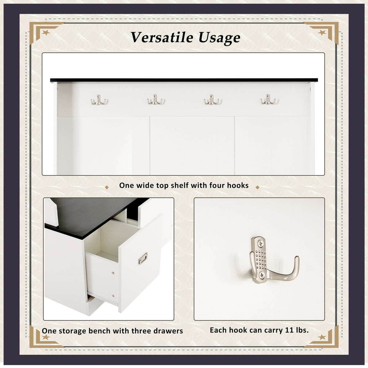 Vestiaire d’entrée avec banc rembourré et patères, banc d’entrée avec 3 crochets, 3 étagères ouvertes, 2 tiroirs et placards de rangement, banc de vestibule avec rangements et crochets pour entrée, vestibule ou couloir (beige)