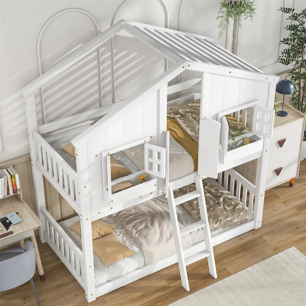 Lit superposé maison simple sur simple avec toit/fenêtre/niche de fenêtre/porte, cadre de lit superposé en bois avec plancher, barrières de sécurité et échelle pour enfants garçons et filles, blanc