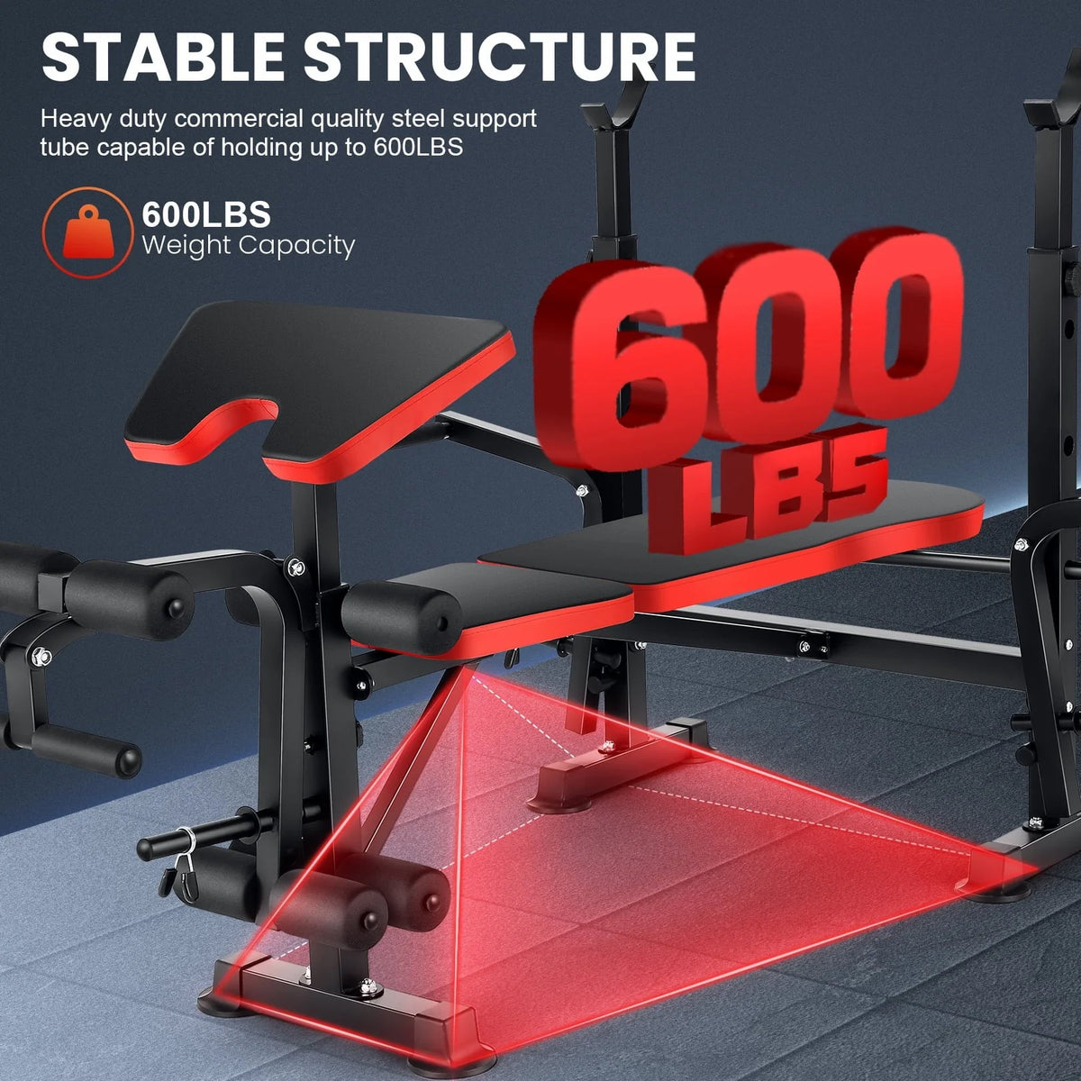 VIBESPARK Banc de musculation réglable 600 lbs Ensemble de banc de musculation pliable 5-en-1 avec Rack à barre, Extension jambes, Pupitre à biceps, Accessoire d'écarté aux haltères, Banc de musculation multifonction