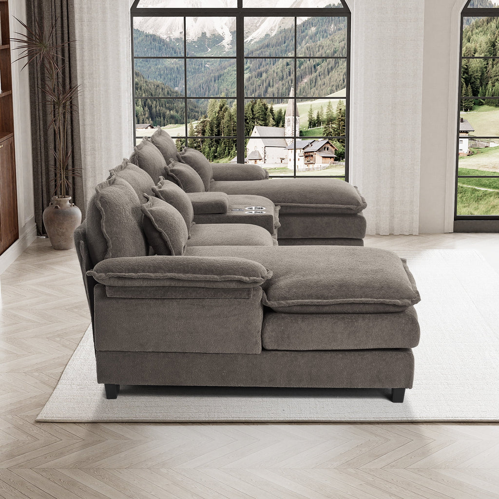 Canapé modulable en U Wiilayok Cloud Couch, méridienne double extra profonde de 124 cm en chenille duveteuse, console centrale avec ports USB-C et A doubles, gris tempête