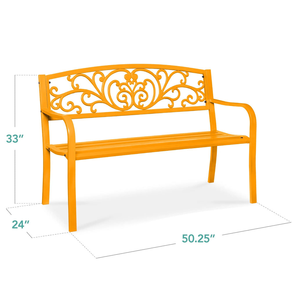 Best Choice Products Banc en Acier d'Extérieur Jardin Patio Porche Meuble avec Dossier à Motif Floral - Noir