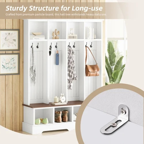 Vestiaire d’entrée style maison de campagne avec banc, meuble d’entrée de 150 cm de large avec 8 crochets et compartiments de rangement, porte-manteau moderne et banc à chaussures pour entrée, blanc