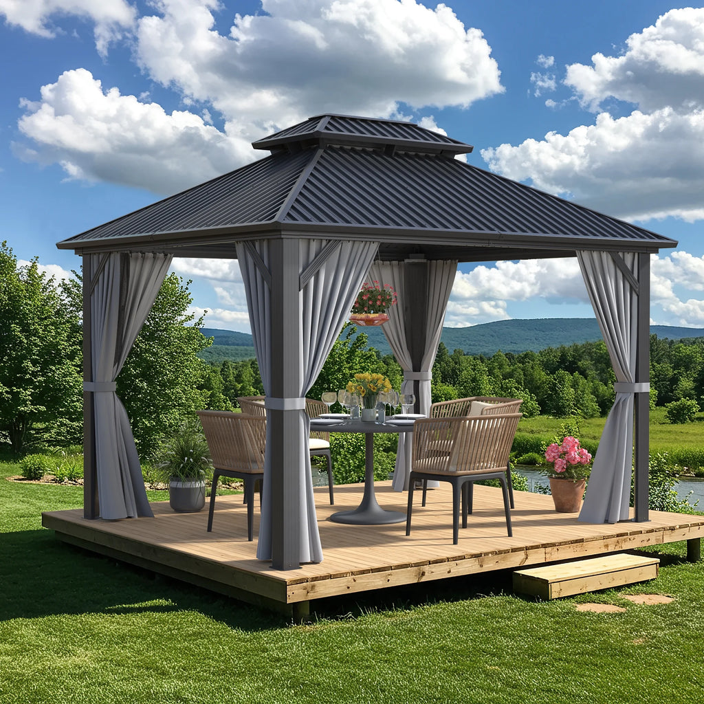 MUCHANT 10'x12' Gazebo à toit rigide avec structure en aluminium, Pavillon d'extérieur permanent Gazebo en métal avec double toit en acier galvanisé, Moustiquaire et Rideaux pour terrasses, jardins, pelouses, Gris