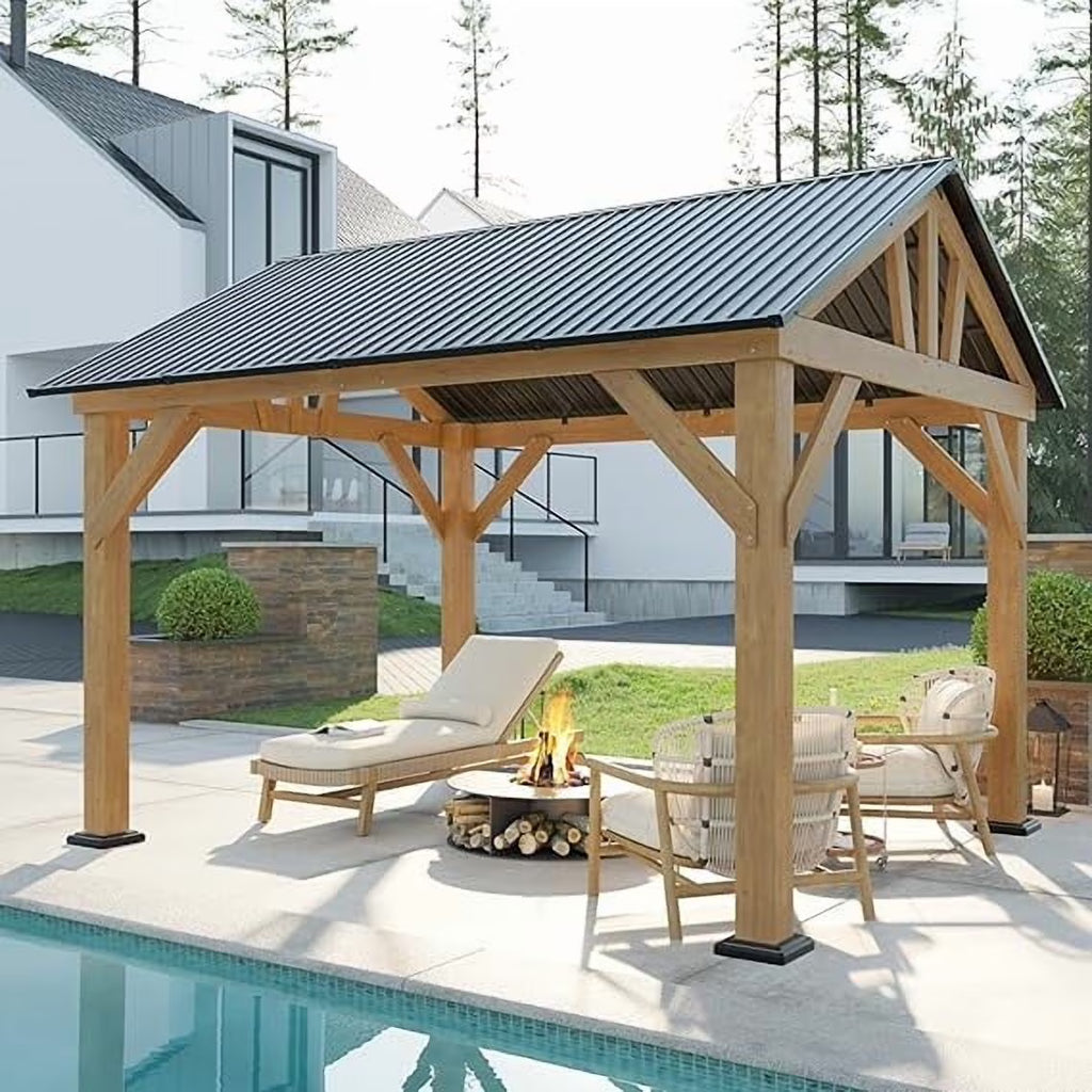 Jocisland Gazebo en bois 10x12 pi, Pergola à toit rigide avec charpente en acier pour jardin, porche, patio