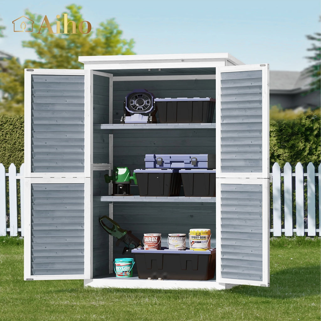 Abri de rangement extérieur large Aiho 55 avec portes doubles verrouillables - Abri de jardin résistant aux intempéries pour terrasse, jardin et pelouse, gris