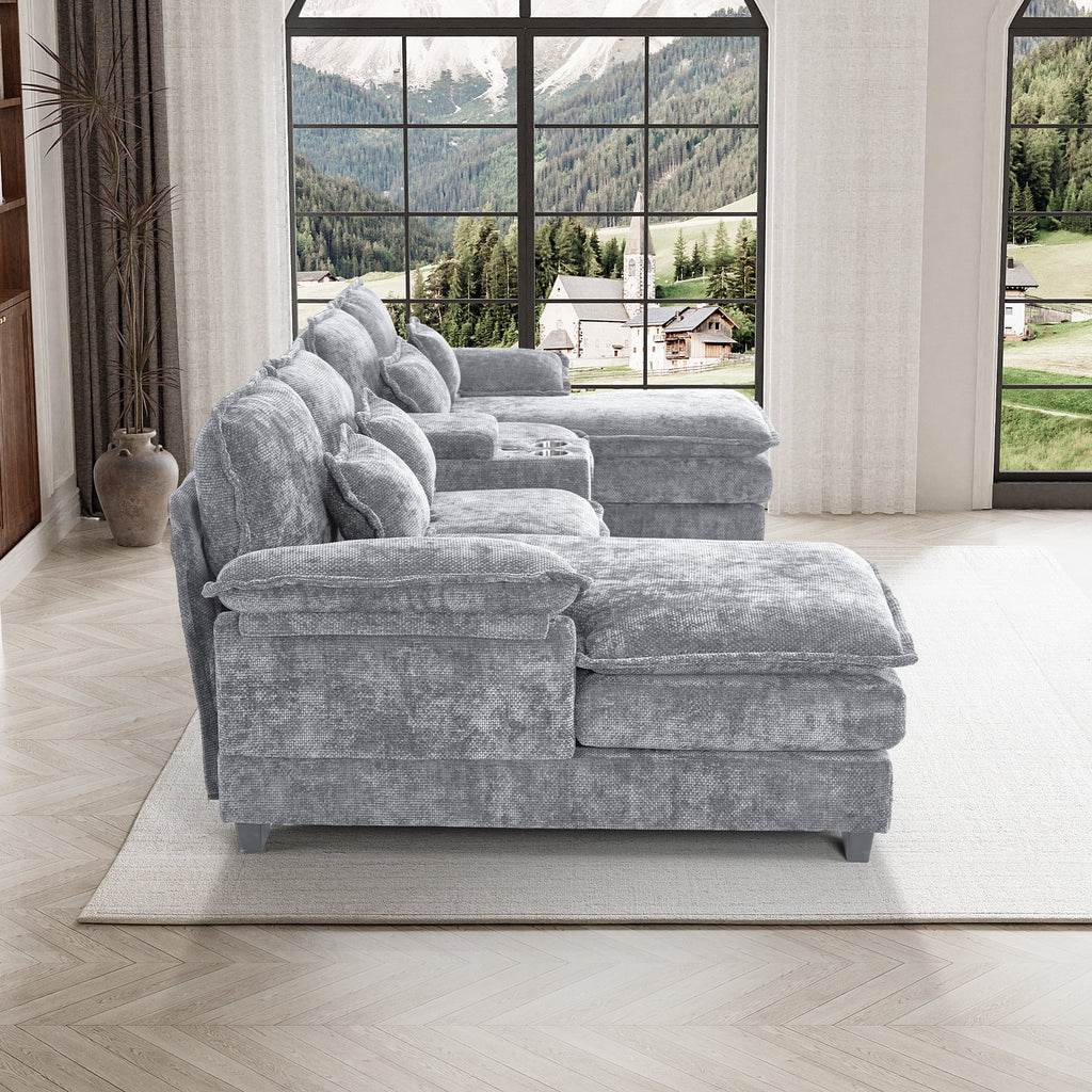 Canapé modulable en U Wiilayok Cloud Couch, méridienne double extra profonde de 124 cm en chenille duveteuse, console centrale avec ports USB-C et A doubles, gris tempête