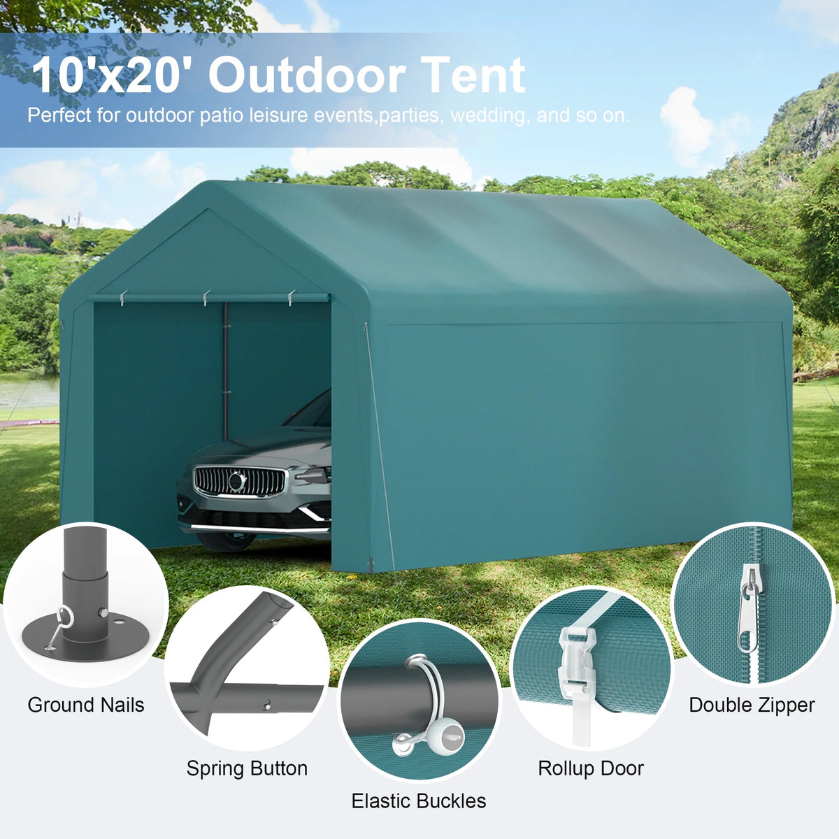 GOJOOASIS Carport, 10 x 20 Abri de voiture robuste avec paroi amovible, Garage portable en PE résistant à l'eau avec bâche toutes saisons Beige