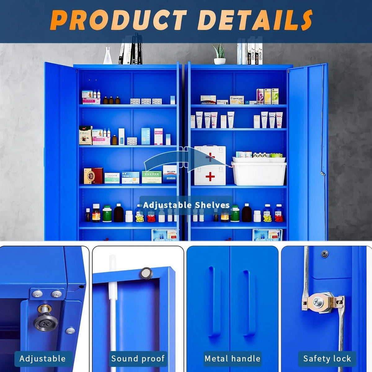 Armoire de rangement en métal Fesbos pour garage avec 2 portes et 4 étagères réglables - Classeur en acier verrouillable de 71, armoire à outils verrouillable pour bureau, maison, garage, salle de sport (Bleu)