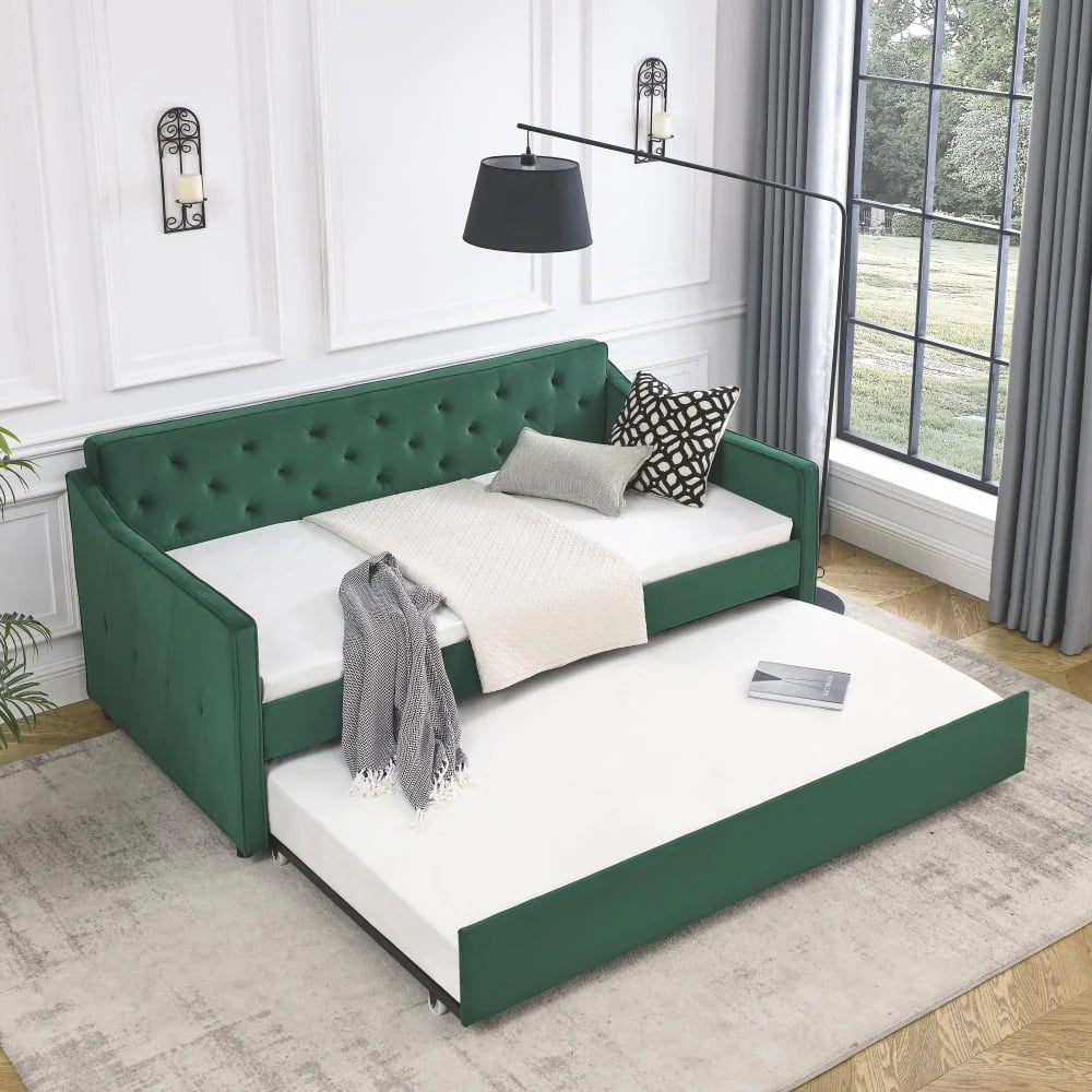 Lit de repos 1 place avec lit gigogne, cadre de lit moderne capitonné à boutons et rembourré en lin, avec lit gigogne coulissant, meuble de chambre à coucher, salon ou chambre d’amis, vert