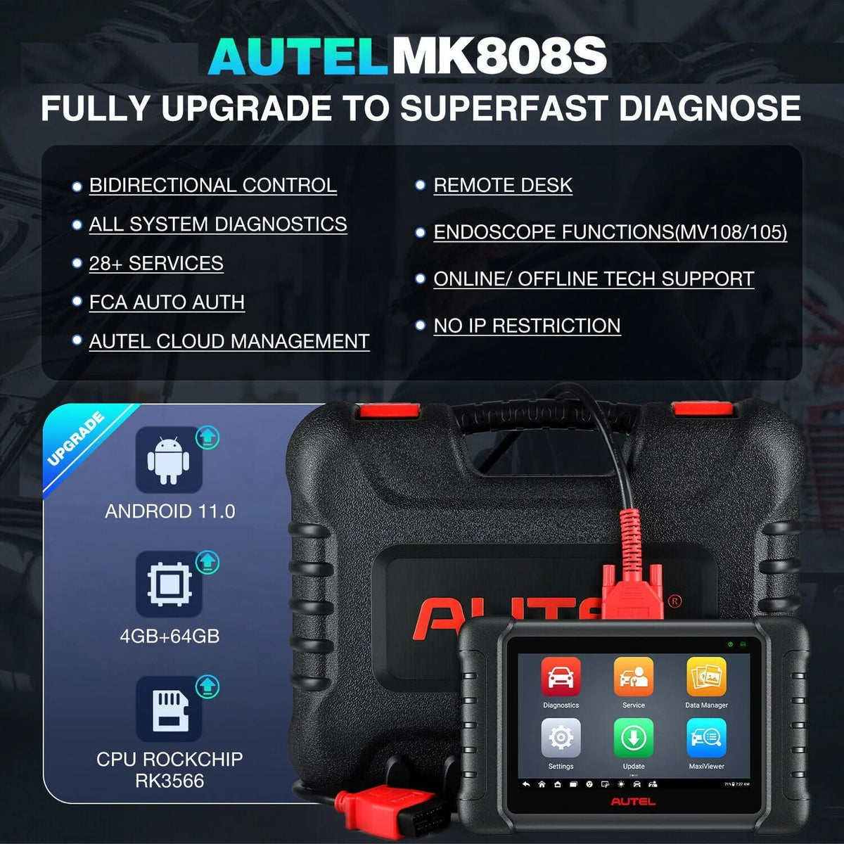 Outil de diagnostic automobile Autel MaxiCOM MK808S, outil de balayage de diagnostic bidirectionnel pour tous les systèmes, 28+ services, tests actifs