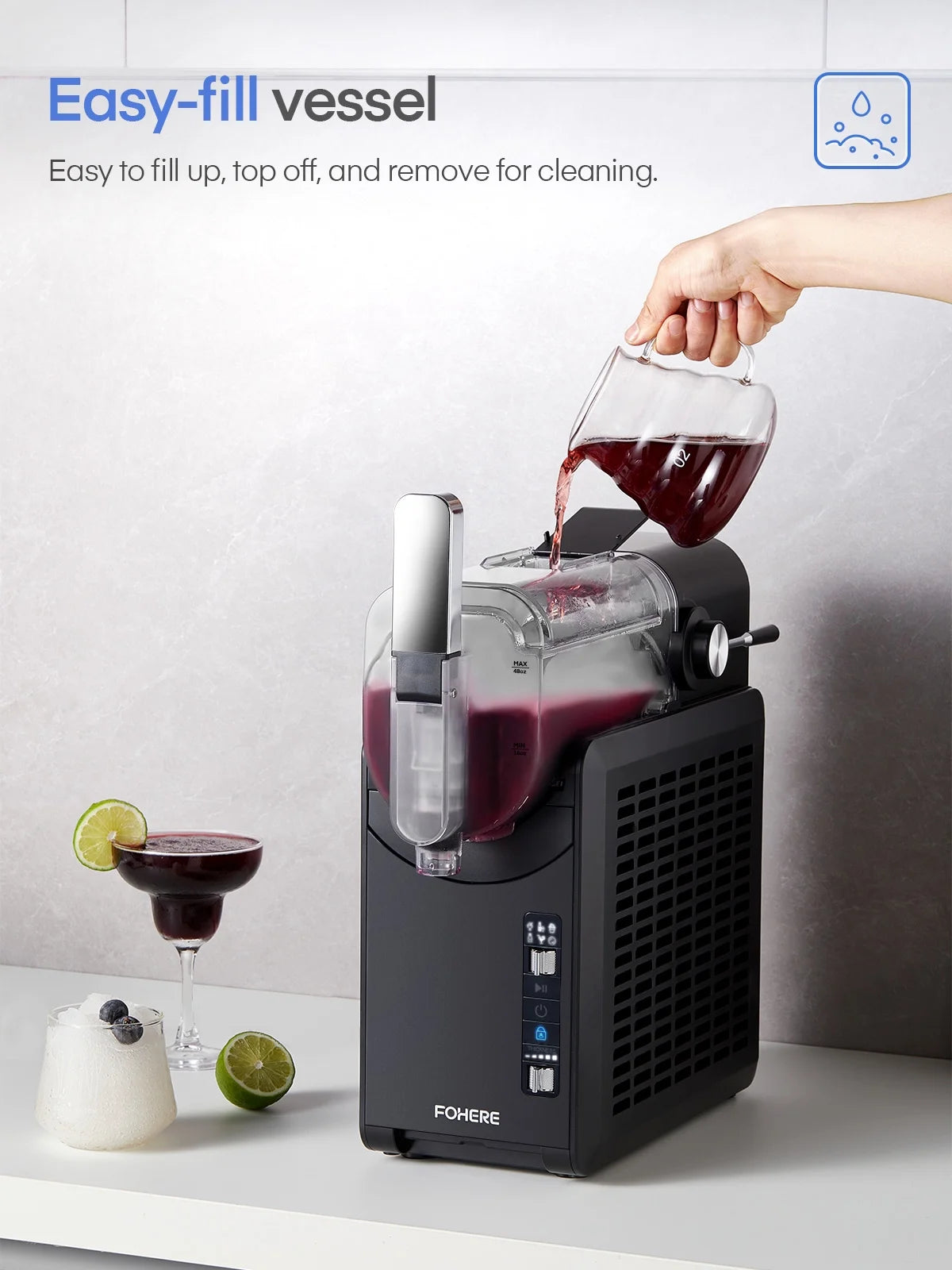 Machine à granité 5-en-1, sans glaçons, en 15 min, pour la maison, avec fonction autonettoyante, machine professionnelle à boissons glacées, 5 programmes prédéfinis, margaritas glacées, frappes, milkshakes et plus encore, FOHERE