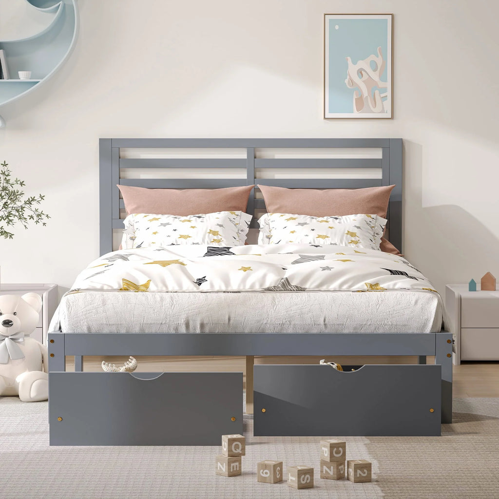 Cadre de lit plateforme avec rangement et tête de lit, cadre de lit double en bois de pin pour chambre, style moderne, avec tiroirs, lattes en bois, support jusqu’à 181 kg, sans sommier requis, gris