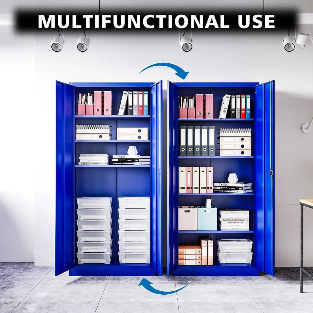 Armoire de rangement en métal Fesbos pour garage avec 2 portes et 4 étagères réglables - Classeur en acier verrouillable de 71, armoire à outils verrouillable pour bureau, maison, garage, salle de sport (Bleu)