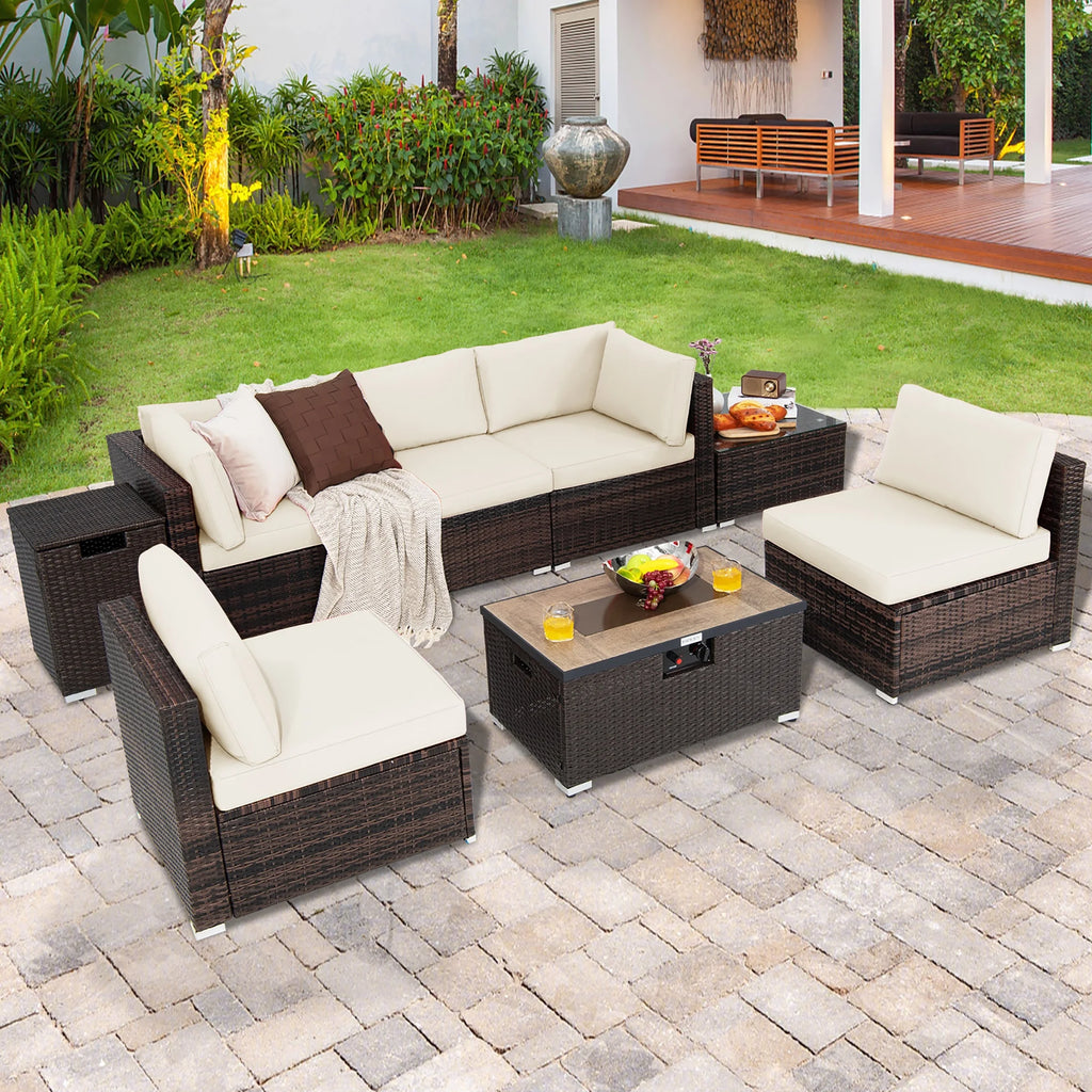 Costway Salon de Jardin en Rotin 8 Pièces avec Table Brasero et Couvercle Noir pour Terrasse