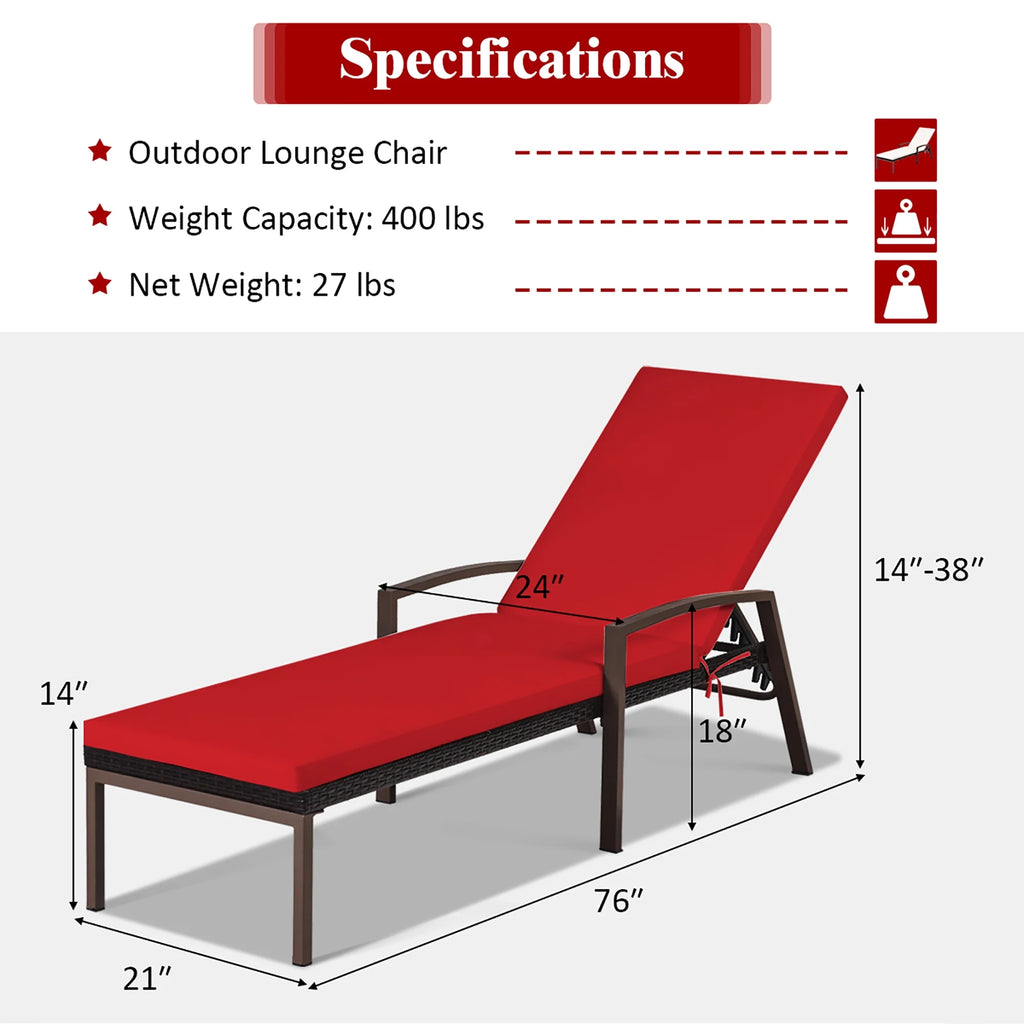 Costway Lot de 2 chaises longues de jardin en rotin, inclinables avec dossier réglable et coussinés, rouges