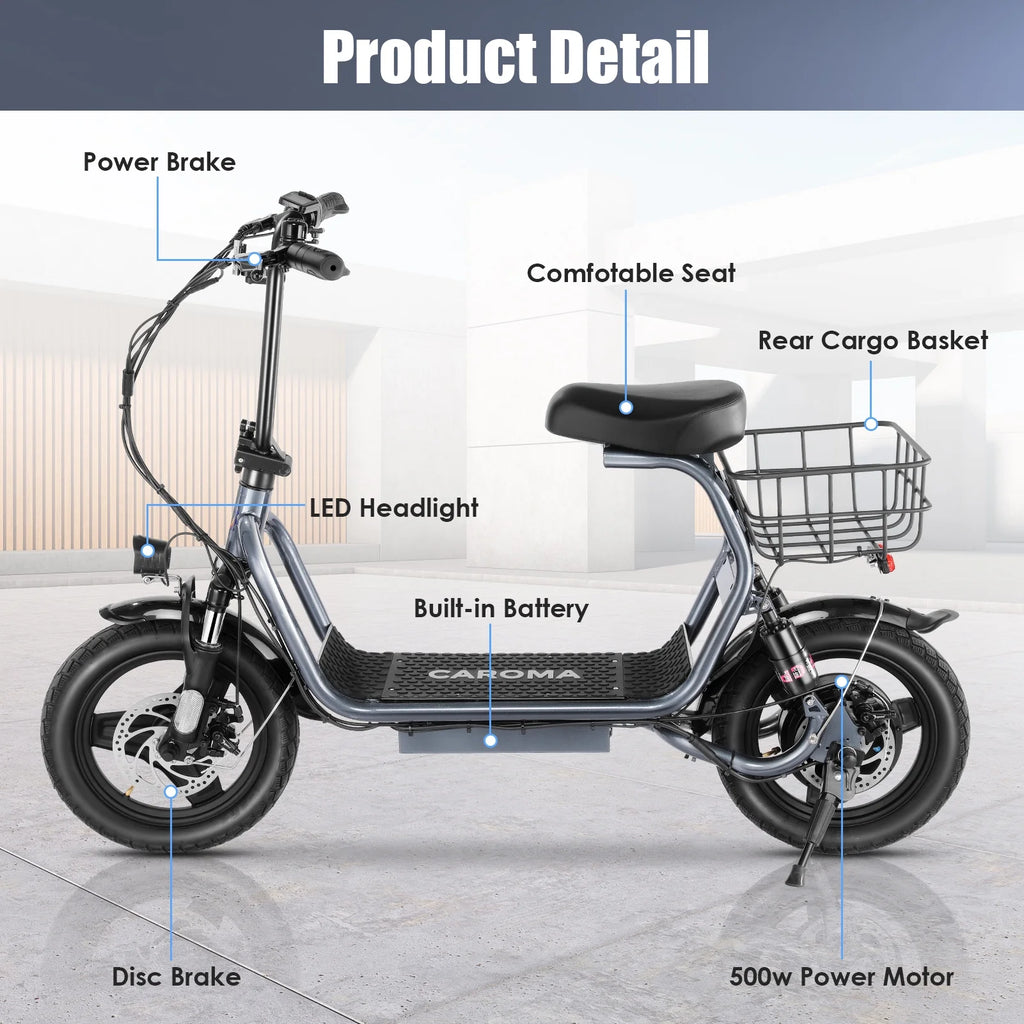 Trottinette électrique SANOPY 350 W avec siège pour adultes, autonomie de 24 km, vitesse de 32 km/h, cyclomoteur avec batterie 36 V 5,2 Ah, vélo électrique urbain avec gros pneus de 14 pouces et amortisseurs, noir