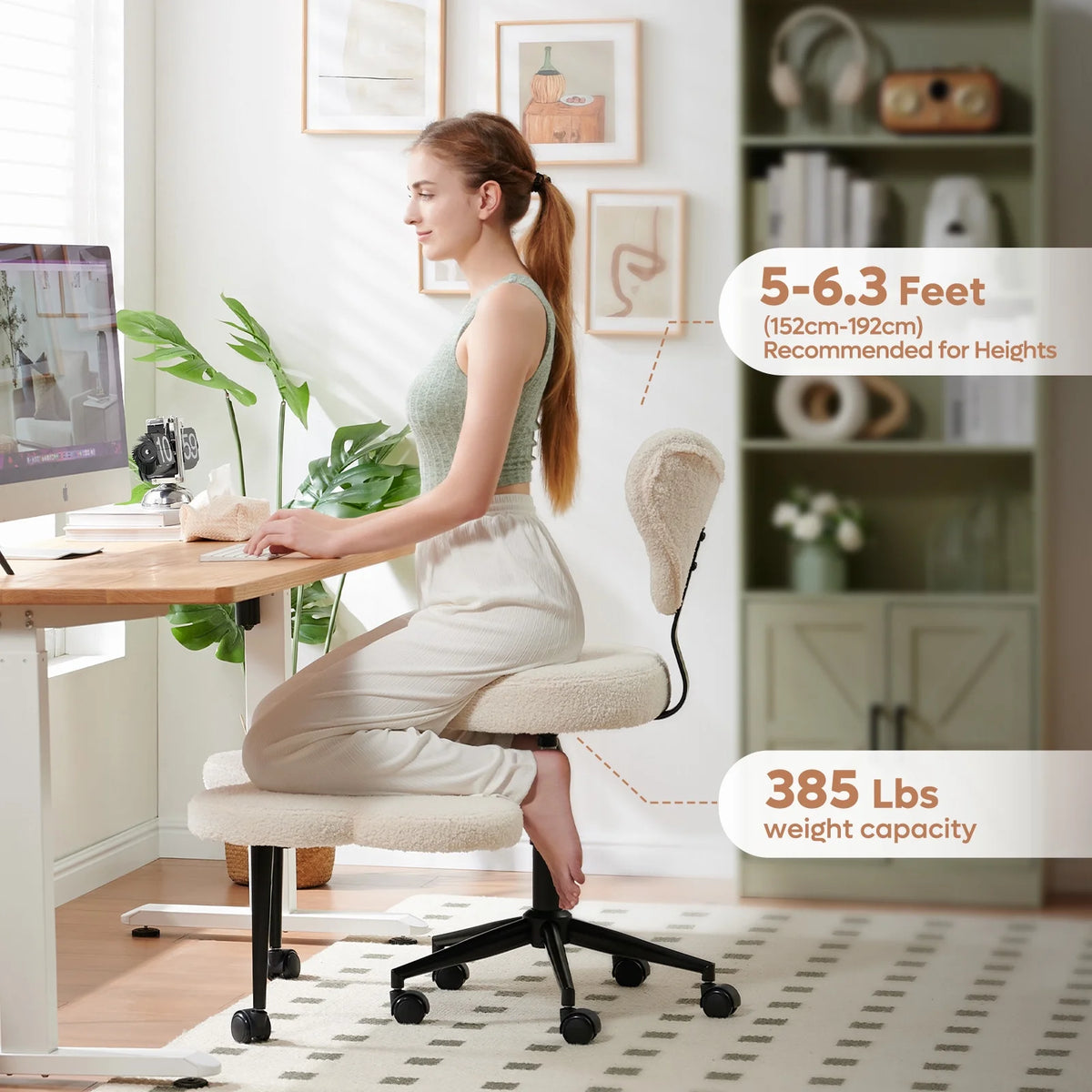 Chaise ergonomique pivotante pour position en tailleur Pinmoco, hauteur réglable et tissu bouclette, chaise de méditation et pour TDAH avec soutien dorsal, pour la maison et le bureau, blanc cassé