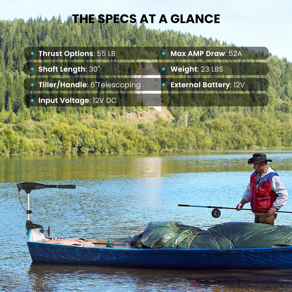 Moteur électrique de pêche à la traîne avec 55 Lbs de poussée 8 vitesses, Moteur de pêche pour bateau avec manche télescopique, Indicateur de batterie LED pour Kayak Pêche Bateau Utilisation en eau douce