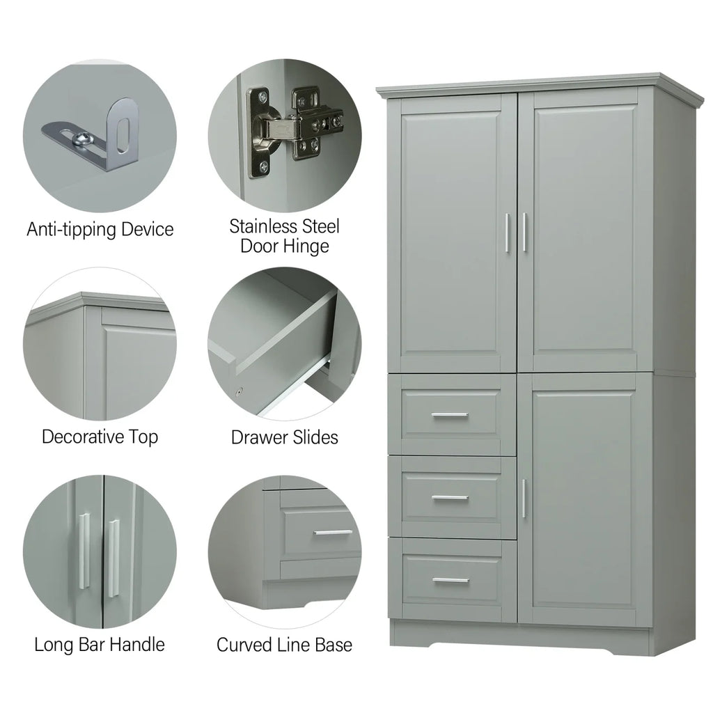 Armoire de salle de bain, meuble de rangement de 62,2 de haut avec portes et étagères, armoire à linge sur pied pour salle de bain, cuisine, salon, grise
