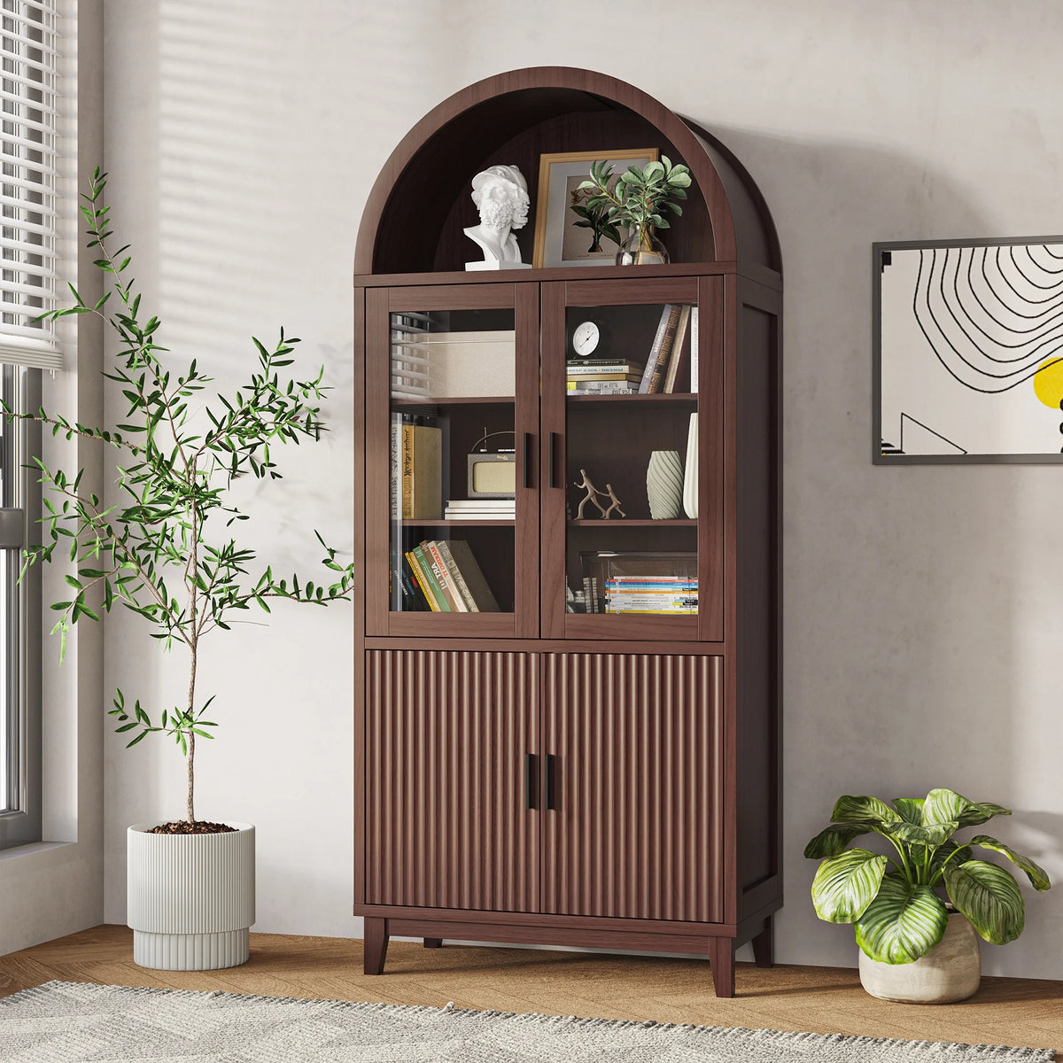 VEANERWOOD 71 Armoire haute cintrée, meuble de rangement de cuisine en bois cannelé avec 4 portes et 6 étagères pour salle à manger et salon