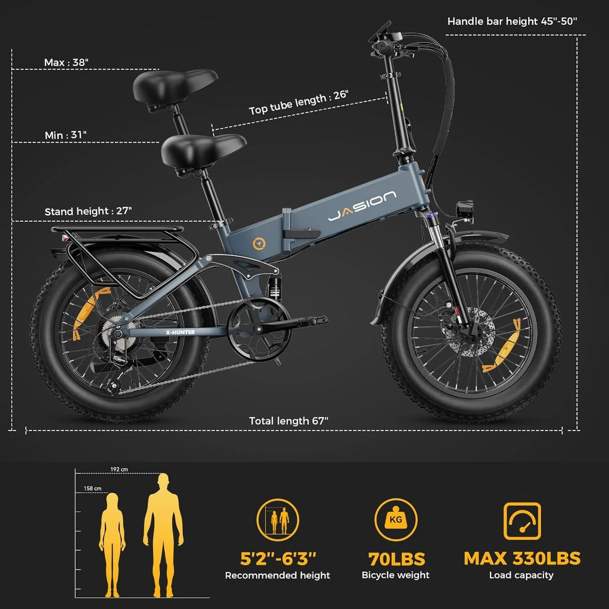 Vélo électrique Jasion X-Hunter pour adultes, vélo électrique avec moteur de 750 W et batterie amovible 48 V 13 Ah, vélo électrique pliant avec pneus larges 20 x 4,0, suspension intégrale, 7 vitesses