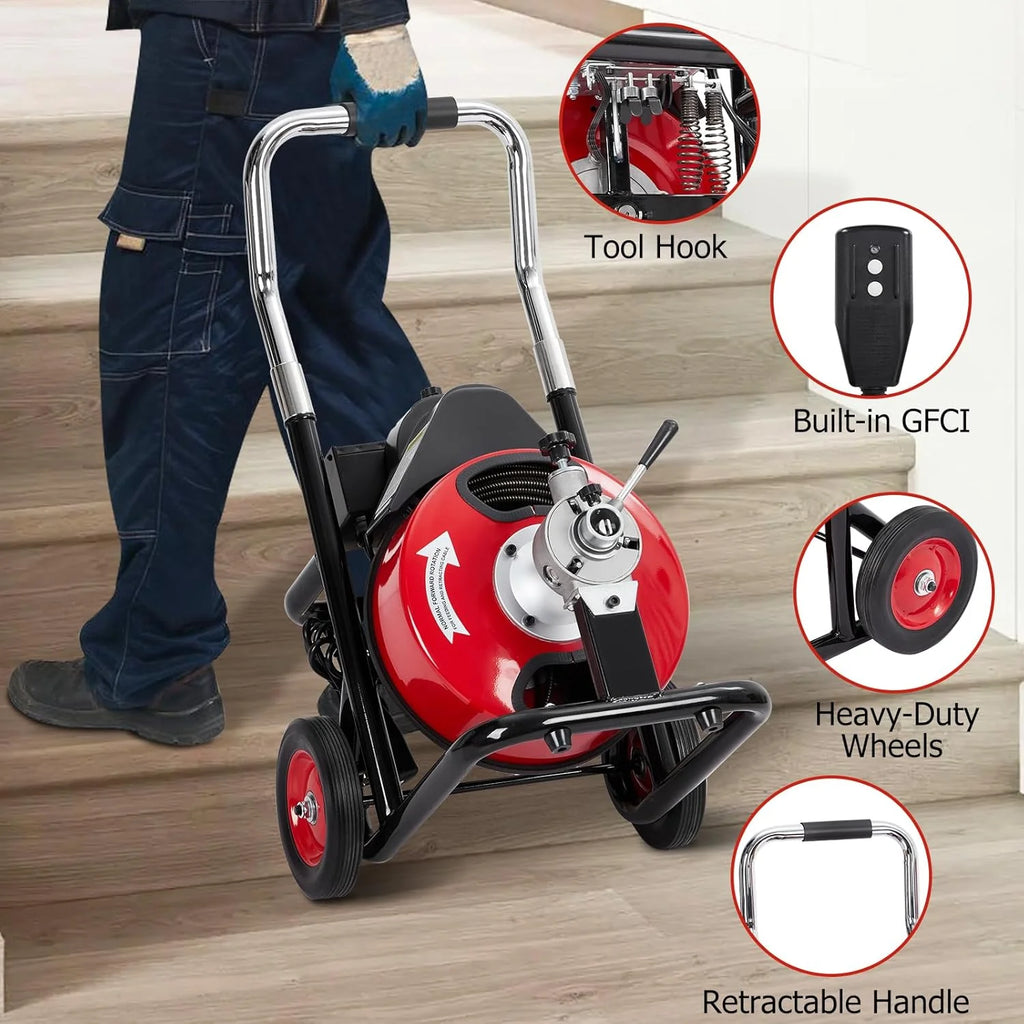 Machine de débouchage à alimentation automatique 100 pi x 3/8 po avec moteur de 250 W, furet de canalisation portable avec 8 coupe-frappes et pédale de commande à activation pneumatique, convient pour 1 à 4 tuyaux