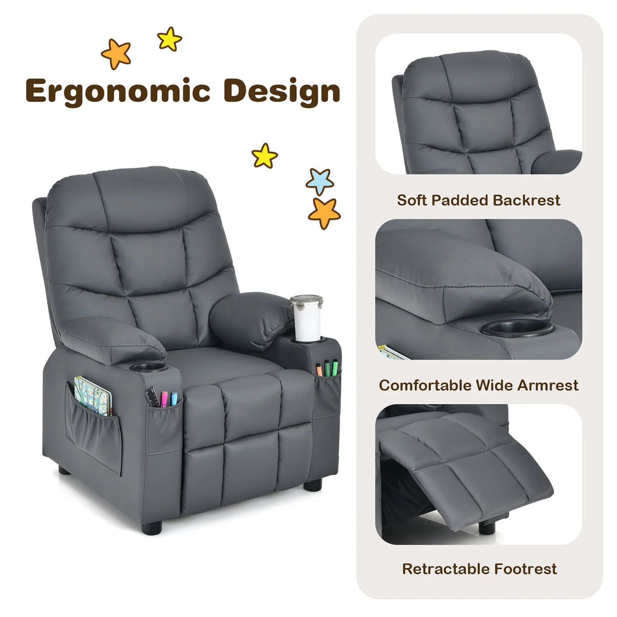 Fauteuil inclinable pour enfant et adolescent Costway en similicuir PU avec porte-gobelets et poches latérales, gris