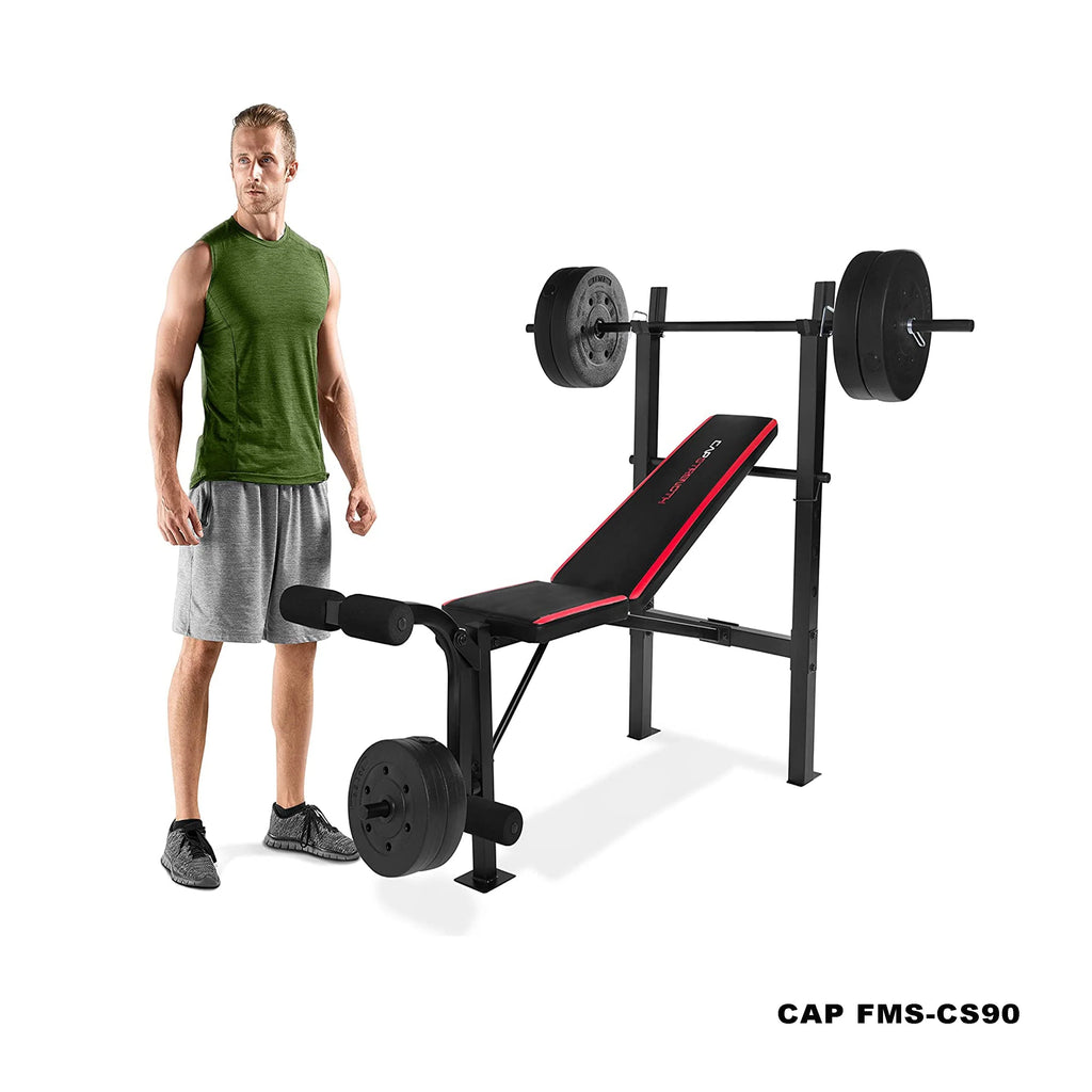 Banc de musculation combiné standard réglable CAP Strength avec rack, extension des jambes et jeu de poids en vinyle de 90 lb