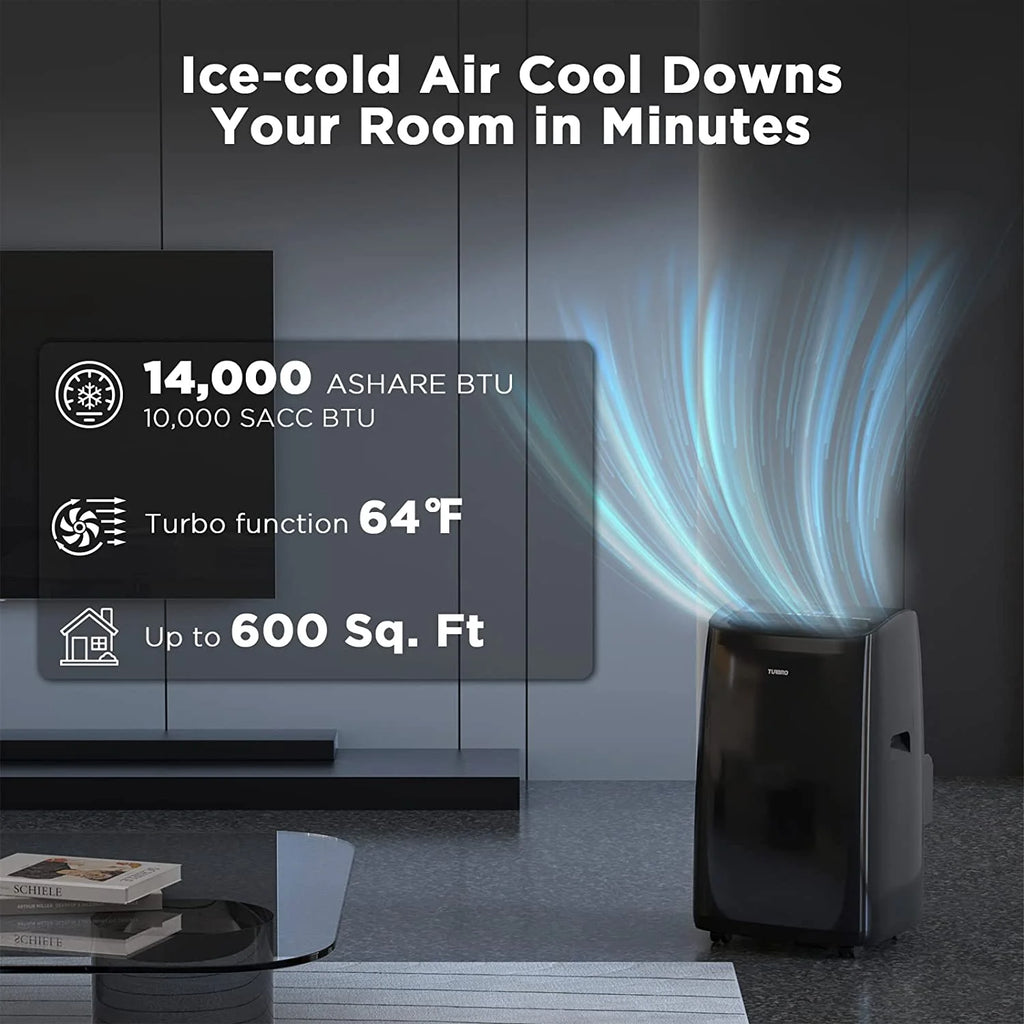 Climatiseur portable intelligent Wi-Fi TURBRO 14 000 BTU, refroidissement puissant jusqu’à 600 pi², 3 fonctions en 1 avec télécommande rétroéclairée, compatible avec la commande vocale Alexa, installation facile, série Greenland, noir